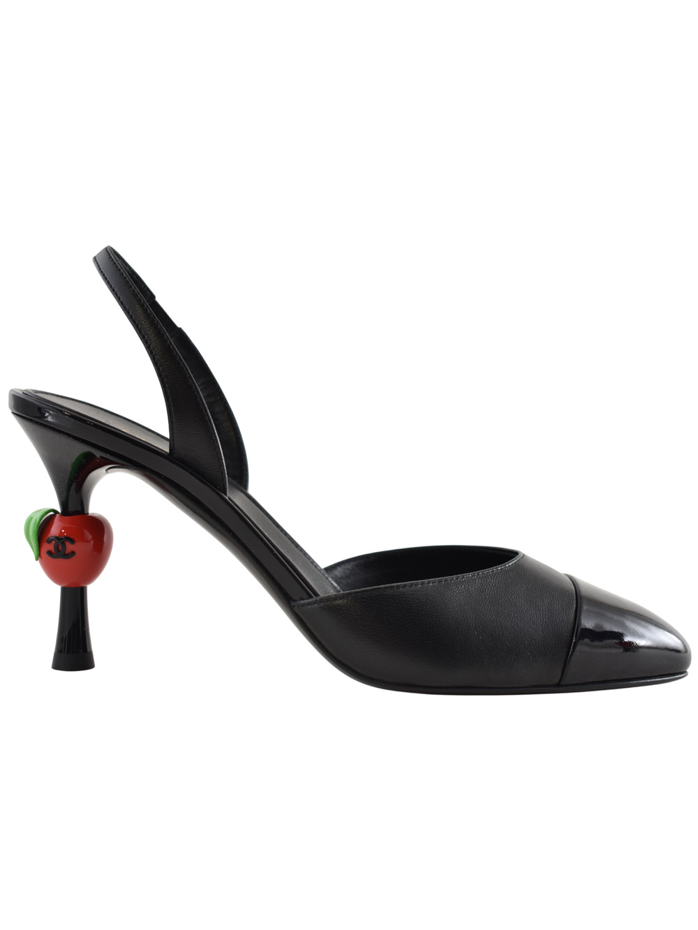 Chanel 26A Metiers Blazy Black Red Apple Sling CC Logo Slingback Heel Pump 37